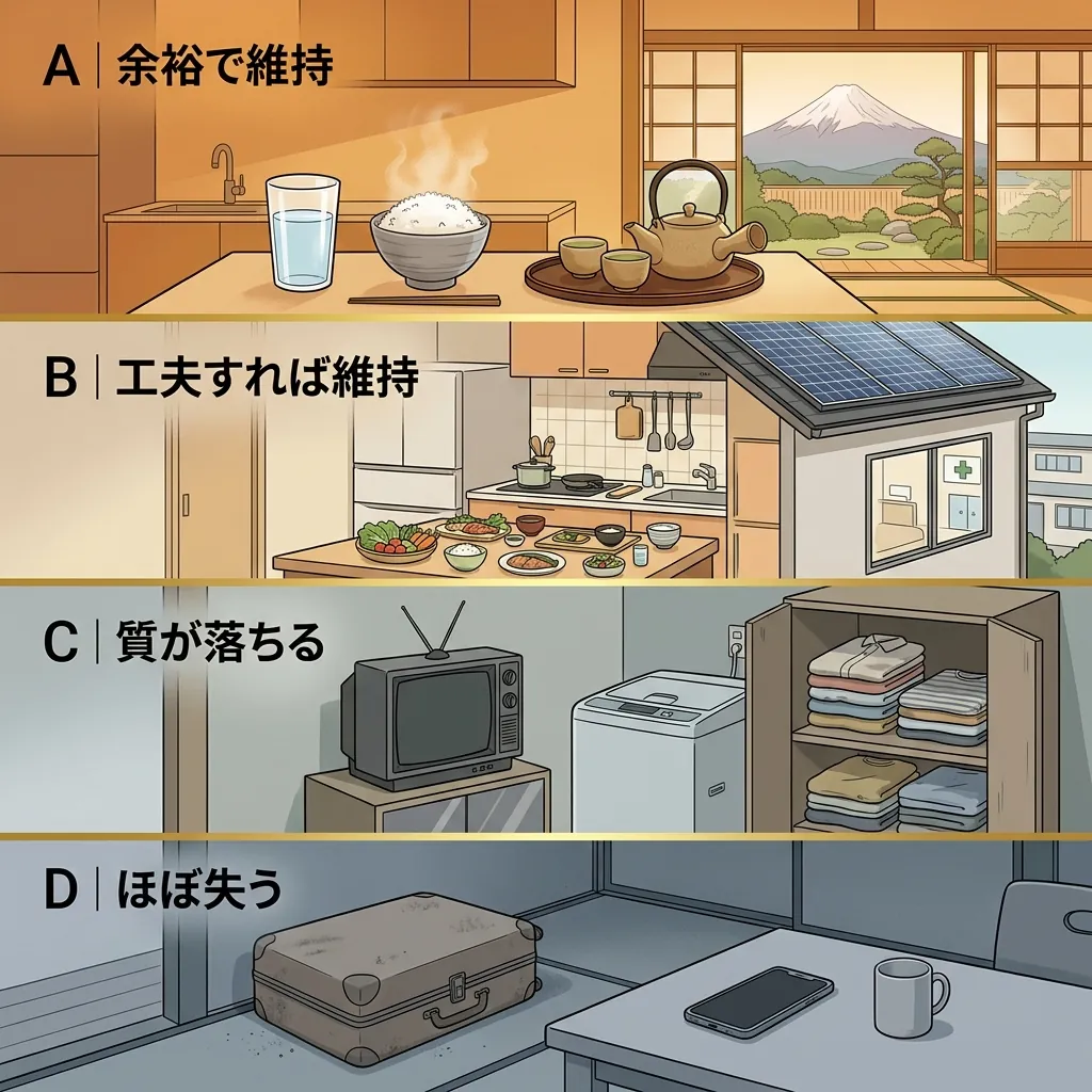 生活水準レイヤーの縦断面図。A(余裕で維持)/B(工夫で維持)/C(質が落ちる)/D(ほぼ失う)の4層が可視化される