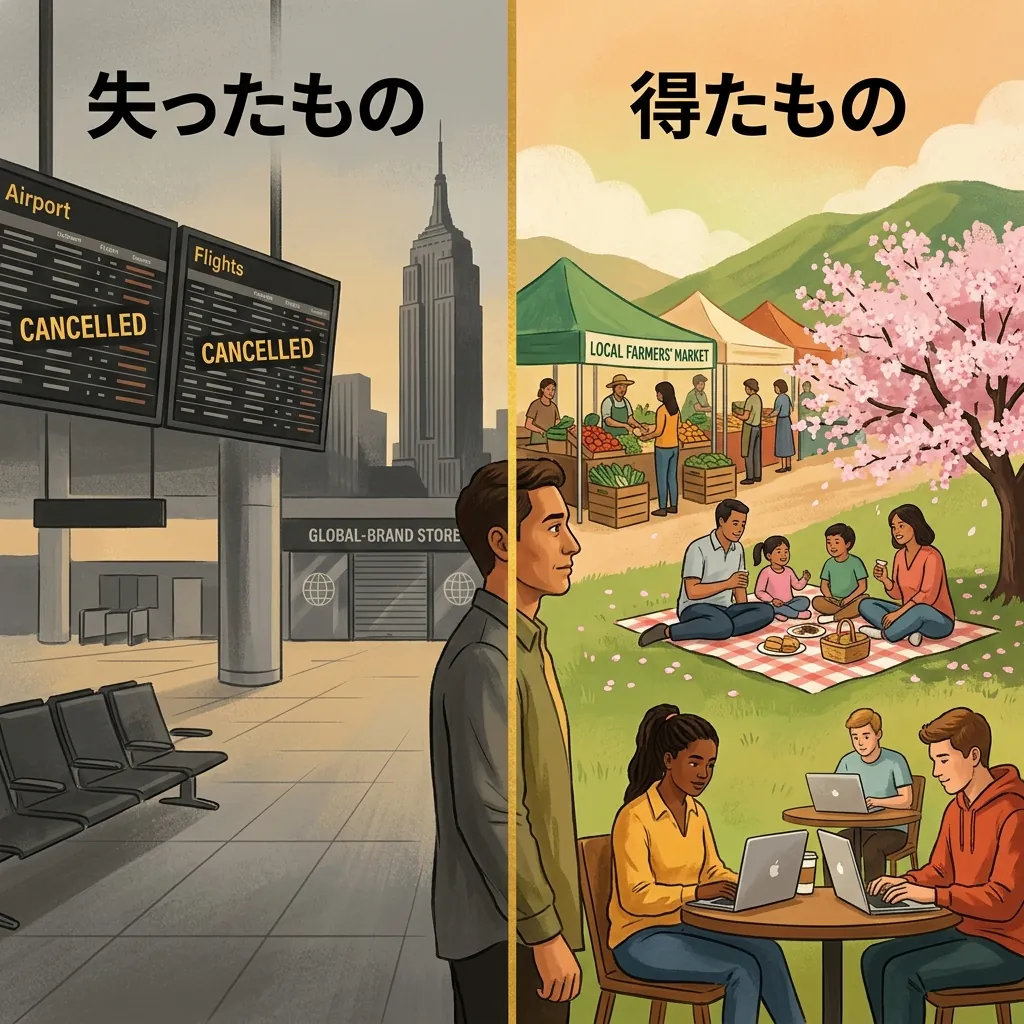 失ったもの(国際空港・グローバル企業・海外ブランド)と得たもの(地域市場・家族時間・地方経済)の対比。分岐点に立つ一人の人物