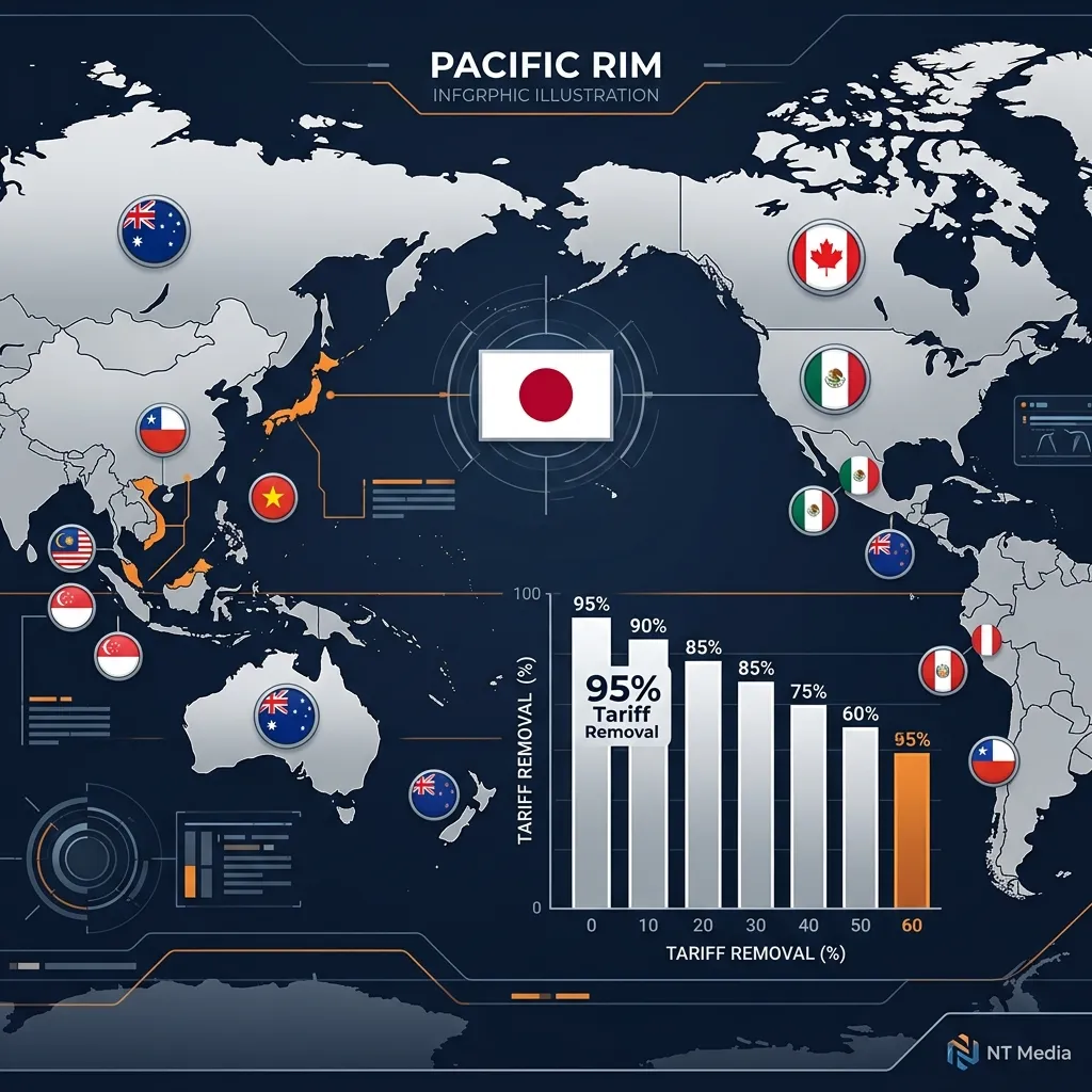 TPP加盟国マップと関税撤廃のイメージ